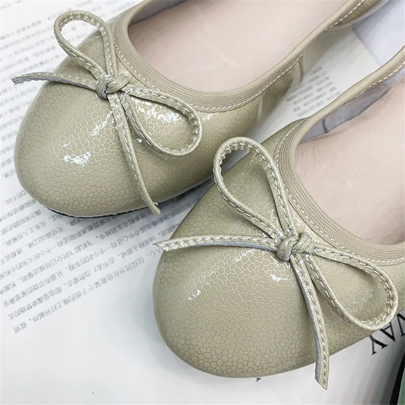 Fashion Bowtie Round Toe Women Ballet Flats Shoes Genuine Leather Women Shoes Loafers Soft Comfortable Flats Lady Shoes Big Size (1)
