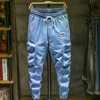 

M-7XL loose overalls men's trousers Jeans men's brand New Korean elastic waist casual harem large size Beam feet Fat Blue pants