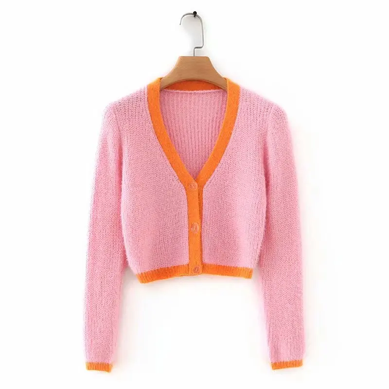 Bazaleas Винтажный Розовый Оранжевый вязаный кардиган в стиле пэчворк, укороченный топ на пуговицах в стиле панк, базовый укороченный свитер, Прямая поставка - Цвет: 1445 pink C99