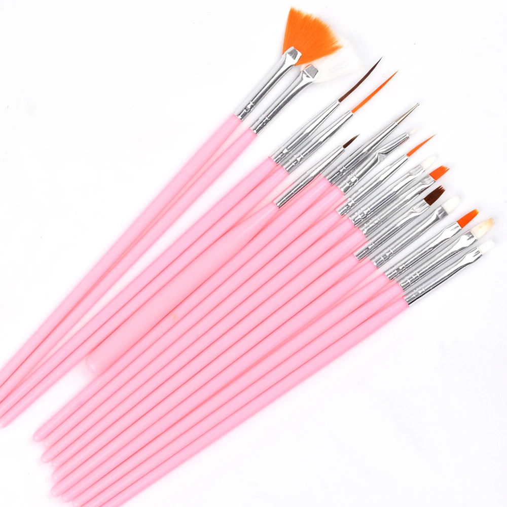 набор кистей 15 шт розовые. маникюр разный на кистях. кисточка для рисования на ногтях. инструменты для узоров на ногтях. кисть для наращивания и дизайна розовая.