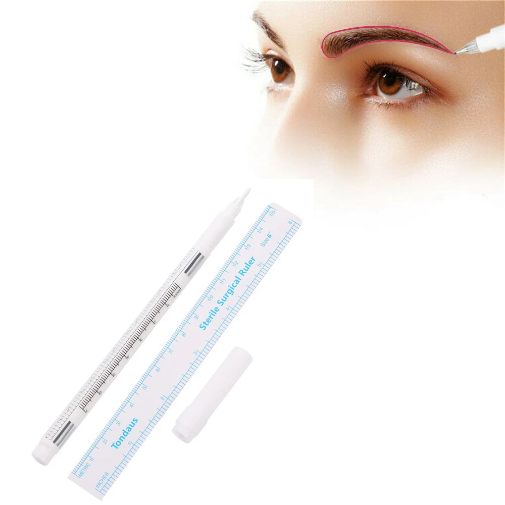 

White Surgical Eyebrow Tattoo Skin Marker Pen Tool Accessories Tattoo Marker Pen With Measuring Ruler Microblading Positioning