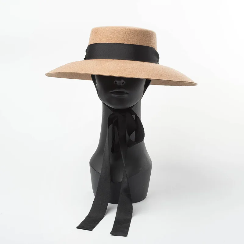 Осенне-зимняя шерстяная шляпа Fedora для женщин с широкими полями, черные шляпы с плоским верхом, широкая шляпа, кружевная Женская стильная шапка, фетровая шляпа