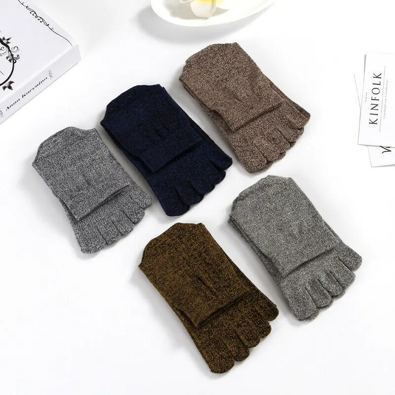 

5 Pairs Retro Mens Business Casual Socks with Toes Low Tube Thick Cotton Warm Breathable Solid 5 Finger Socks Short Male Gift