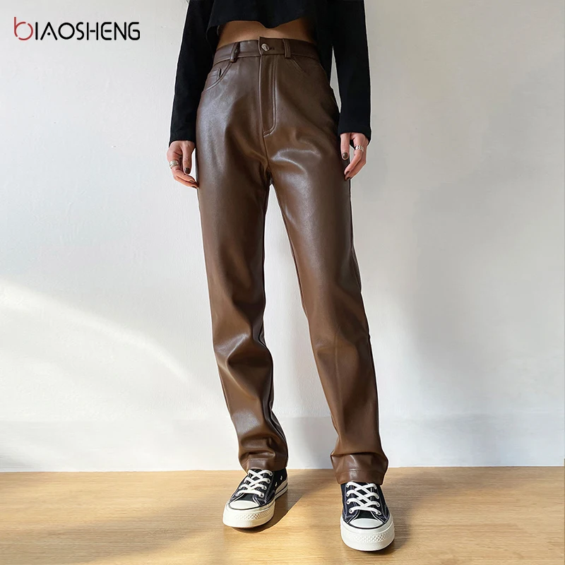 Faux PU Leather Pants For Women Trouser High Waist Straight Leg Pants Fashion Brown Casual Vintage Leisure Pants Streetwear 1