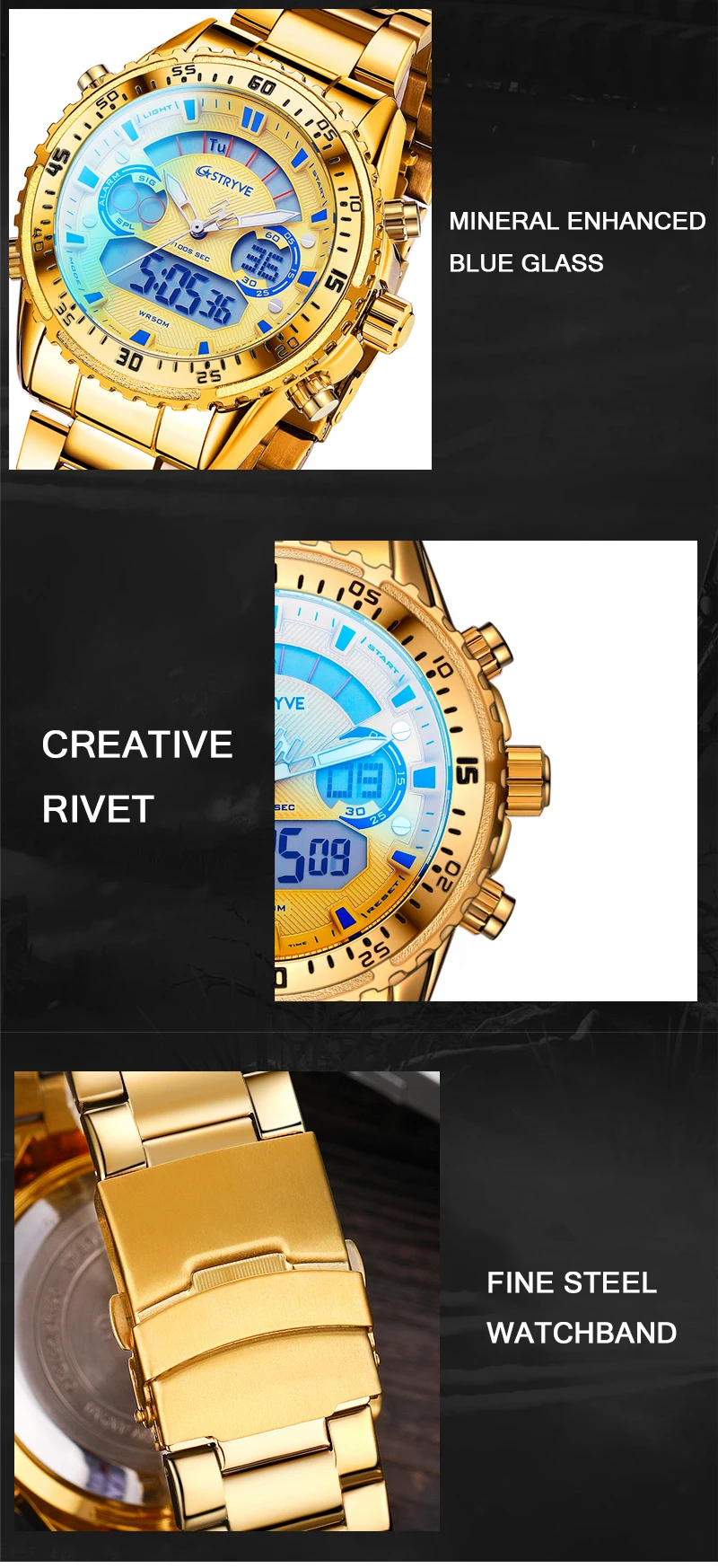 2020 New Stryve 8020 Luxury Men Watch Stainless Steel Military Dual Display Waterproof Quartz Digital Sports Watch reloj hombre
