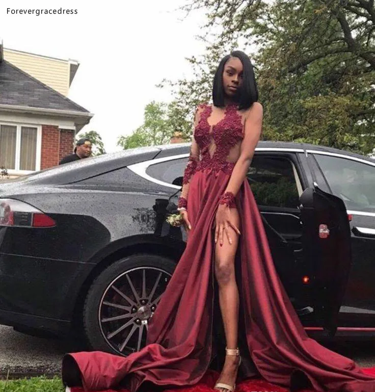 2018 Dark Red Sexy High Slit Prom Dresses Black Girls Sheer Long Sleeves Appliques Celebrity Dresses Formal Evening Party Gowns  128 (1)