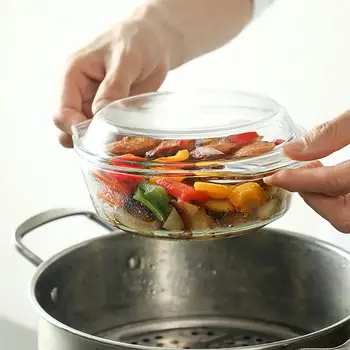 

1L Tempered Glass Baking Tray Round Baked Rice Dish With Lid Creative Home Utensils Bowls High Temperature Grilled Fish Plate