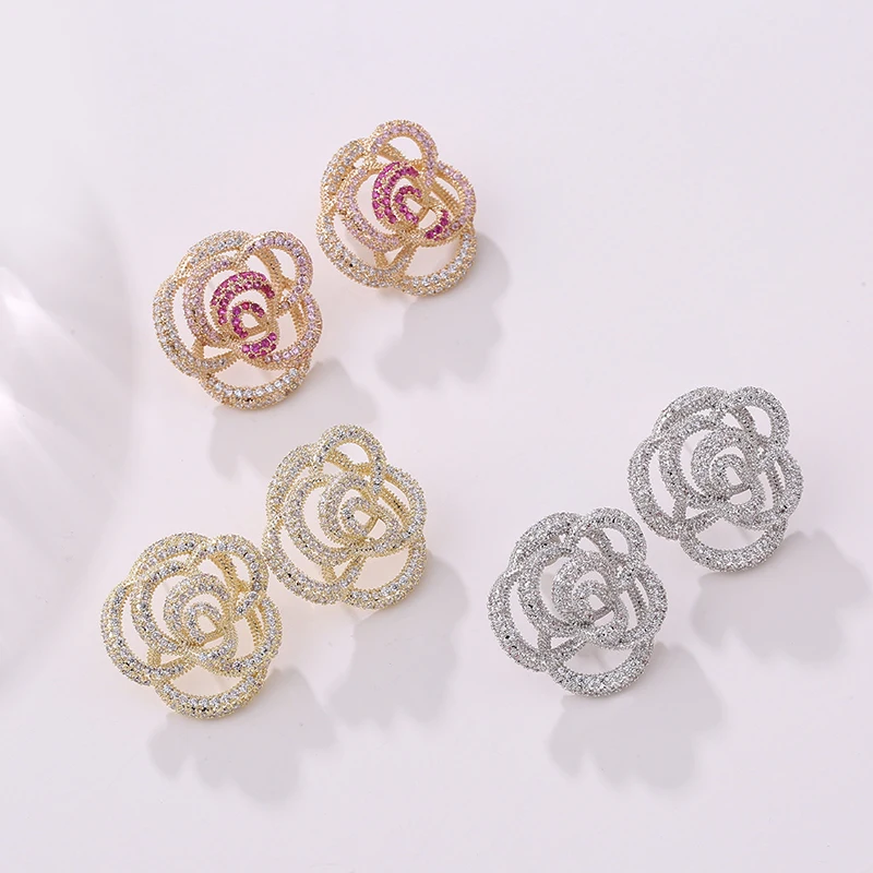Brilliant Elegane Big Flower Stud Earrings for Women Gold Color Red Zirconia Studs Earring Fashion Jewelry Brincos