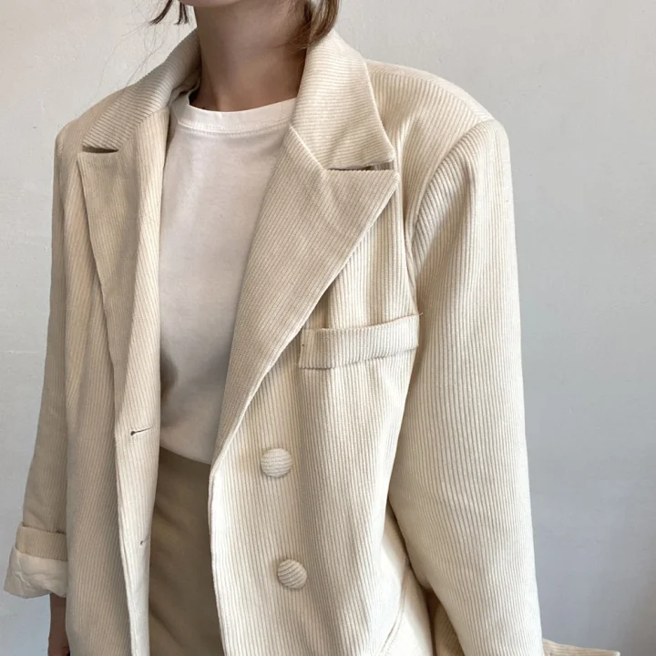 New Fall Women's Blazers Corduroy Notched Long Blazer Woman Korean Chic Style Green Full Sleeve Clothes Female