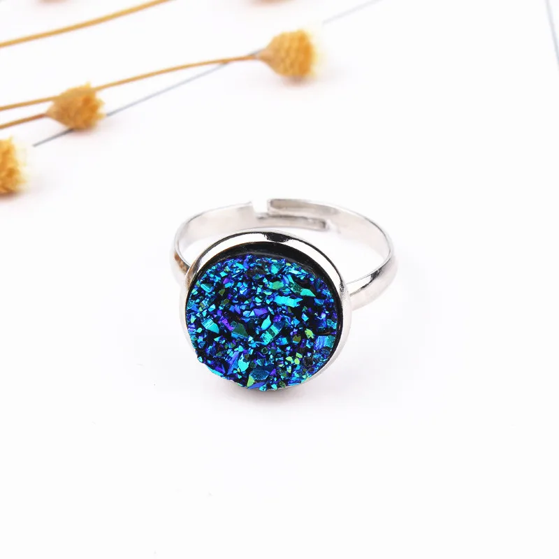 Fashion Stone Geode Quartz Crystal Cuff Rings Round Drusy Druzy Resin Ring Silver Plated Rings For Women Accessories Jewelry (7)
