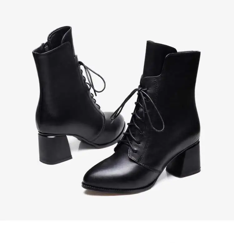 Г. Новые кожаные женские ботинки женская обувь из толстого бархата из PU искусственной кожи женские хлопковые теплые ботинки на шнуровке на высоком каблуке Zapatos De Mujer