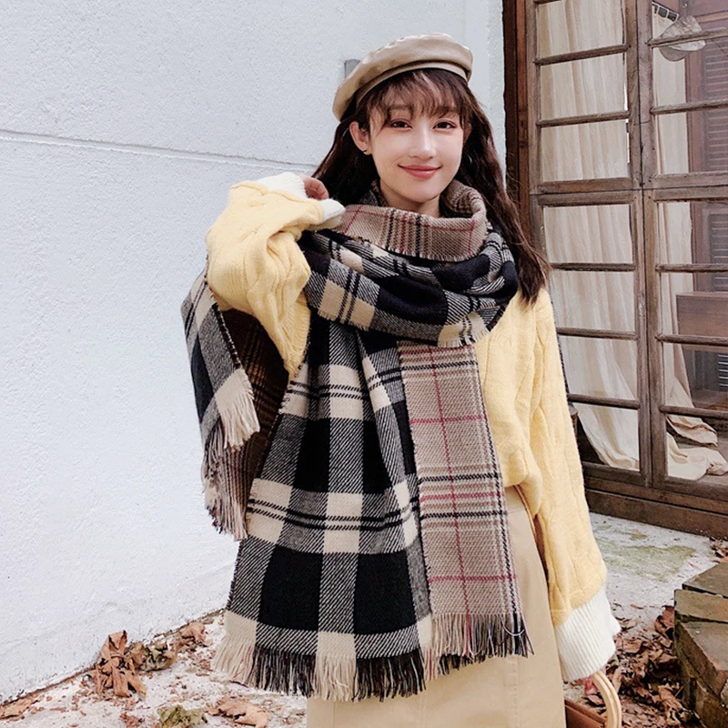 Black khaki plaid 200x70 см Европейский геометрический цветной шерстяной теплый кашемировый шарф для женщин женские модные зимние палантины, шали, шарфы WA10 - Цвет: Black khaki plaid
