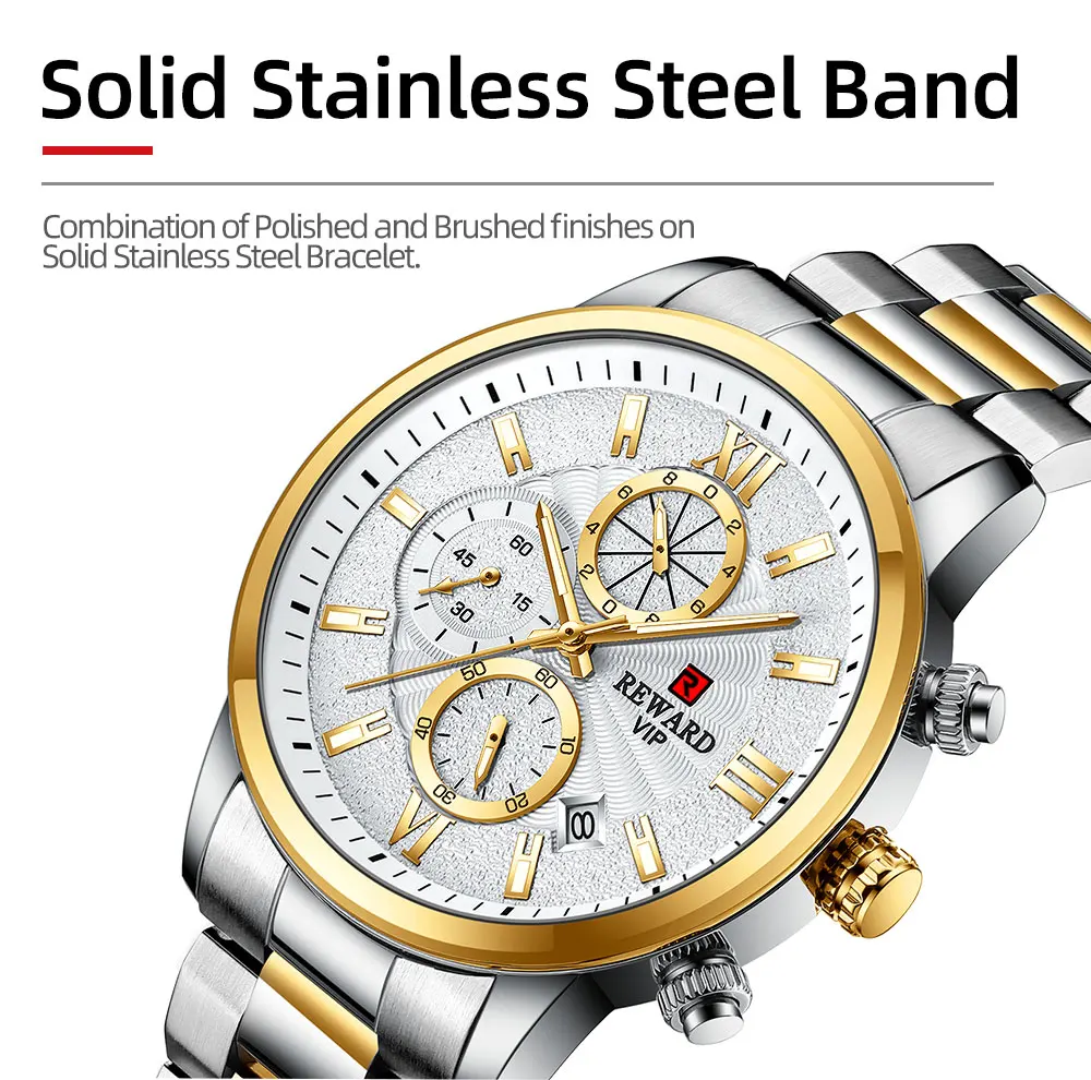 REWARD New Mens Watches Automatic Date Waterproof Clock Stainless Steel Chronograph Top Brand Men Sport Quartz Wrist Watch