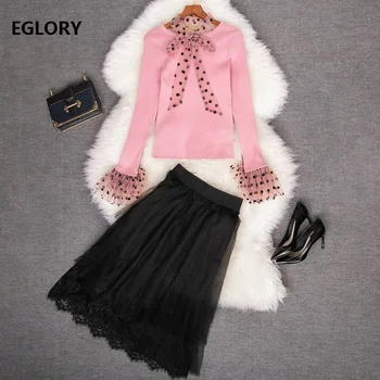 

Two Piece Set 2020 Spring Autumn Sweater Suit Women Polka Dot Mesh Patchwork Pink Sweaters+Cascading Ruffle Lace Skirt Sets Lady