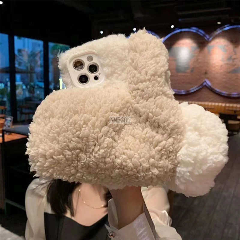Winter Cute Gloves Fluffy Fur Plush Warm Case For Iphone 11 12 13 Pro Max Xs Xr X 8 7 Plus Se 2 10 Ipones 13pro Girl Cover Phone Pouches Aliexpress