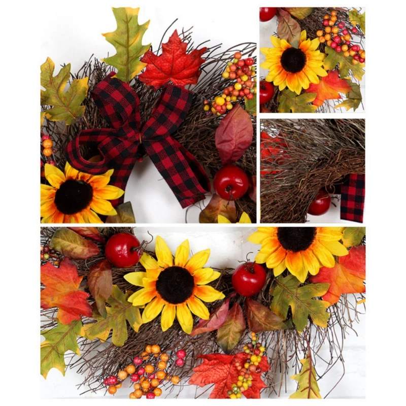Autumn Artificial Maple Leaf Wreath With Sunflowers Berries And Bowknot Front Door Window Wall Seasonal Home Decorations