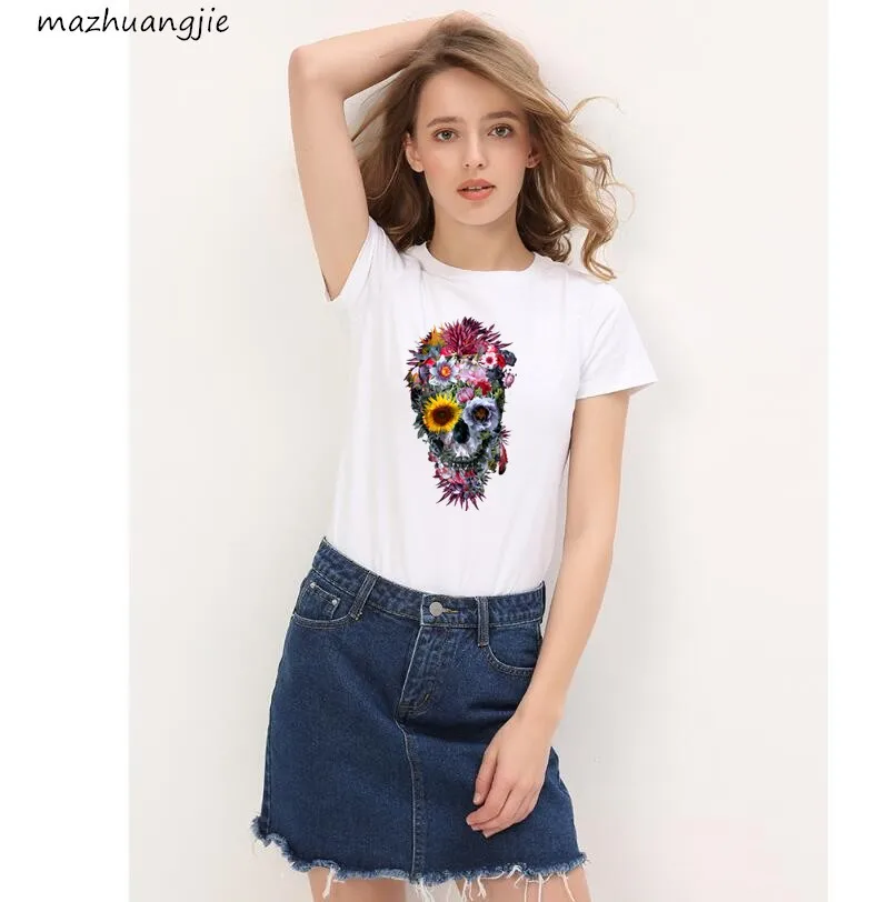 

New skull head T-shirt Print Cartoon Harajuku T shirt Women tshirt O-neck Short Sleeve White Tops Female Clothing Women T Shirt