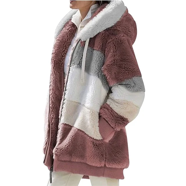 Women Warm Hooded Jacket Winter Zipper Casual Faux Fur Patchwork Parka Fleece Drawstring Ladies Coat
