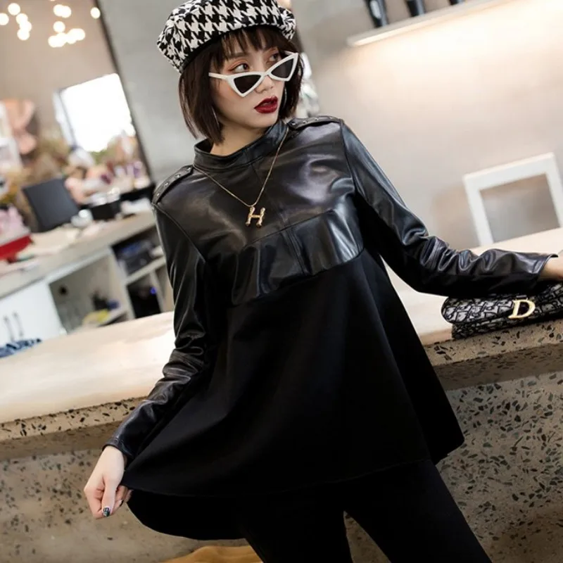 Autumn New Women Casual Patchwork Genuine Leather Jacket Long Sleeve Turtleneck Tops Loose Fit Asymmetrical Outerwear Coat 3XL