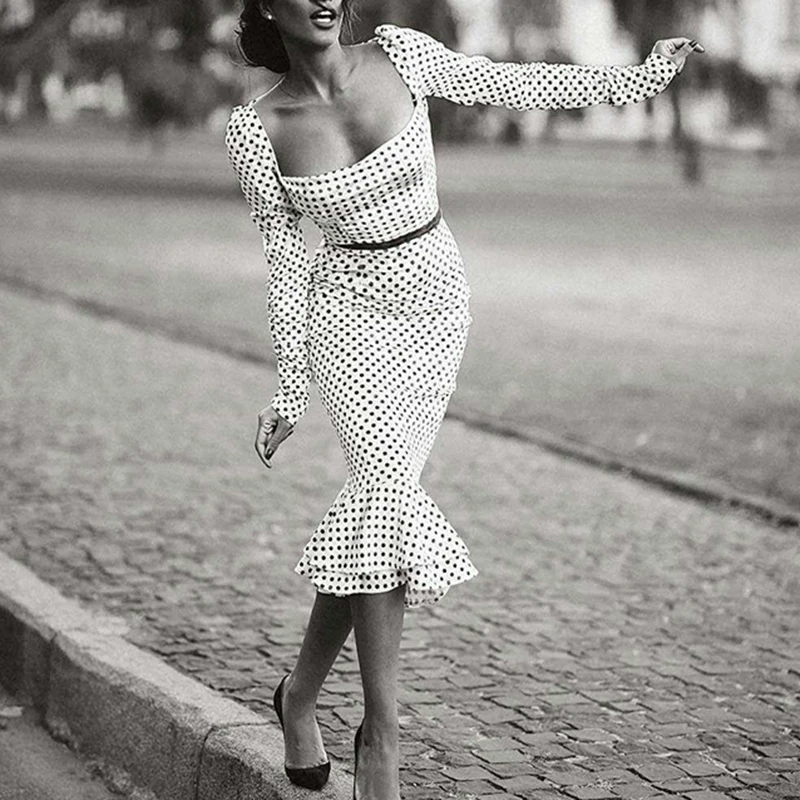 Элегантное Белое Узловое летнее платье-карандаш средней длины в горошек на