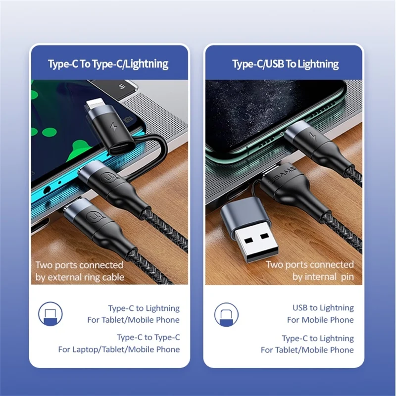USAMS 2 в 1 usb кабель PD для iPhone xs max xr 8 7 6 plus 11 ipad pro macbook быстрое зарядное устройство для usb c к Lightning зарядный кабель