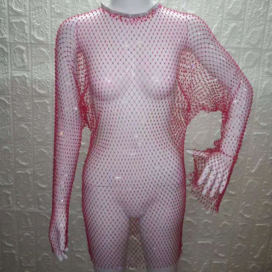 VIKINII Long Sleeve Hollow Summer Beach Crystal Dress 2020 Sexy Women Cover Ups Rhinestone Dresses Gold Beach Female Cover Ups