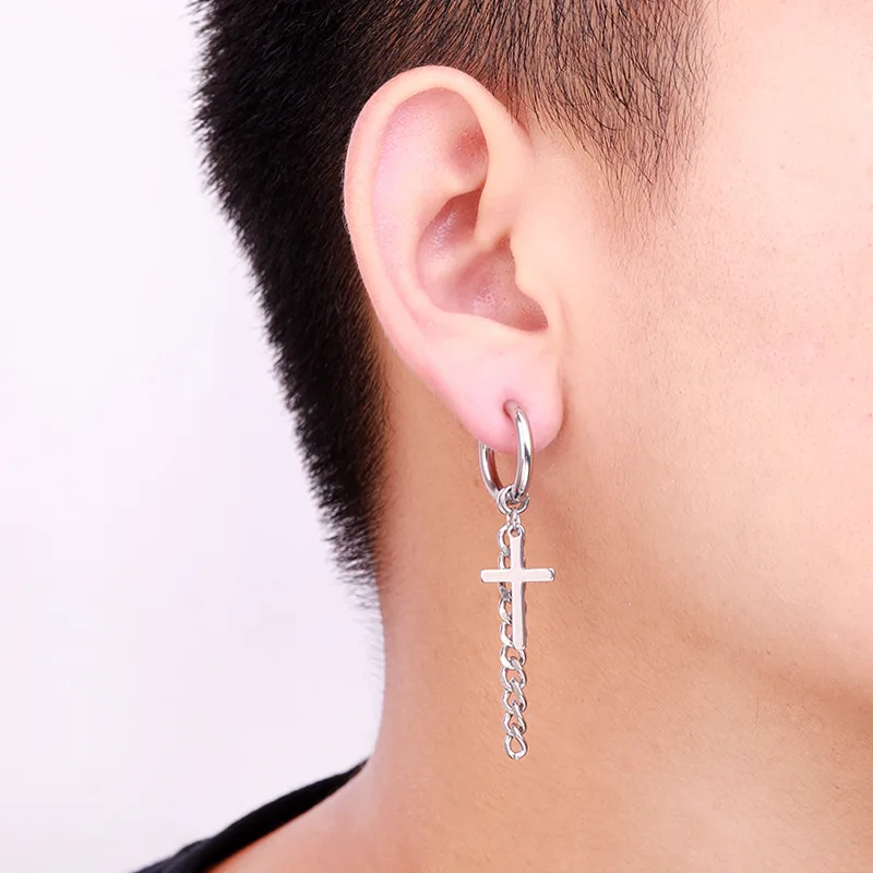 Dangle earrings 1 Pair Stainless Steel Cross Pendant Long Tassel Unisex Hoop Earrings Punk Gothic Jewelry