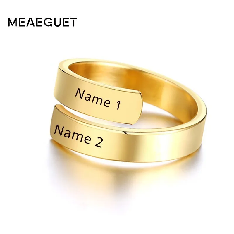 Personalized Women's Dual Two Name Rings Gold Color Custom Double Layer Wrap Hug Best Friend Mom Adjustable Size