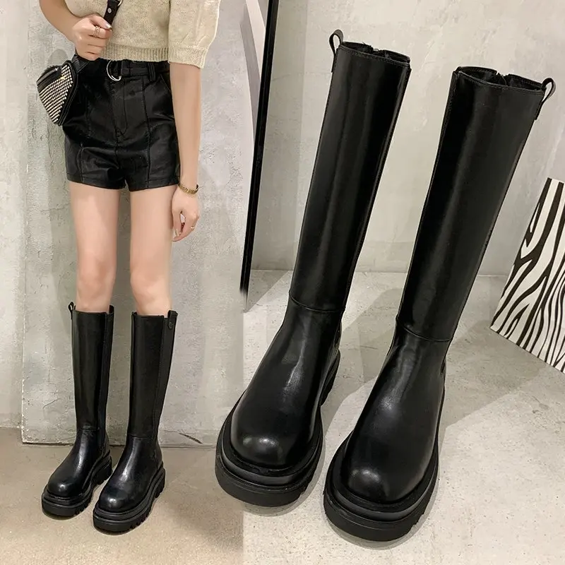 Botas hasta la rodilla de piel sintética con plataforma gruesa para Mujer, zapatos Retro Punk, Botas Largas con cordones, 2020