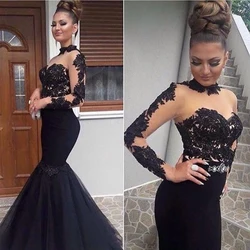 New Design Cheap Sweetheart Elegant Black Long Sleeves Mermaid High Neck Satin Lace Formal Evening Prom Dresses 2021