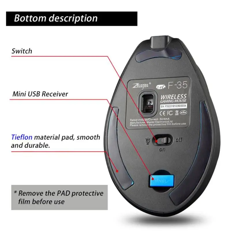 ZELOTES F-35 6 кнопок Беспроводная перезаряжаемая мышь 2400 dpi Регулируемая эргономичная оптическая Вертикальная мышь