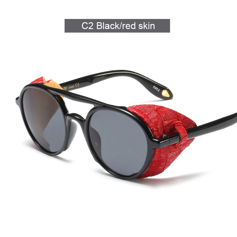 AIMISUV, Ретро стиль, круглые солнцезащитные очки для мужчин, стимпанк, новинка, Ретро стиль, кожа, боковая защита, мужские солнцезащитные очки, UV400 oculos feminino - Цвет линз: AMS707C2