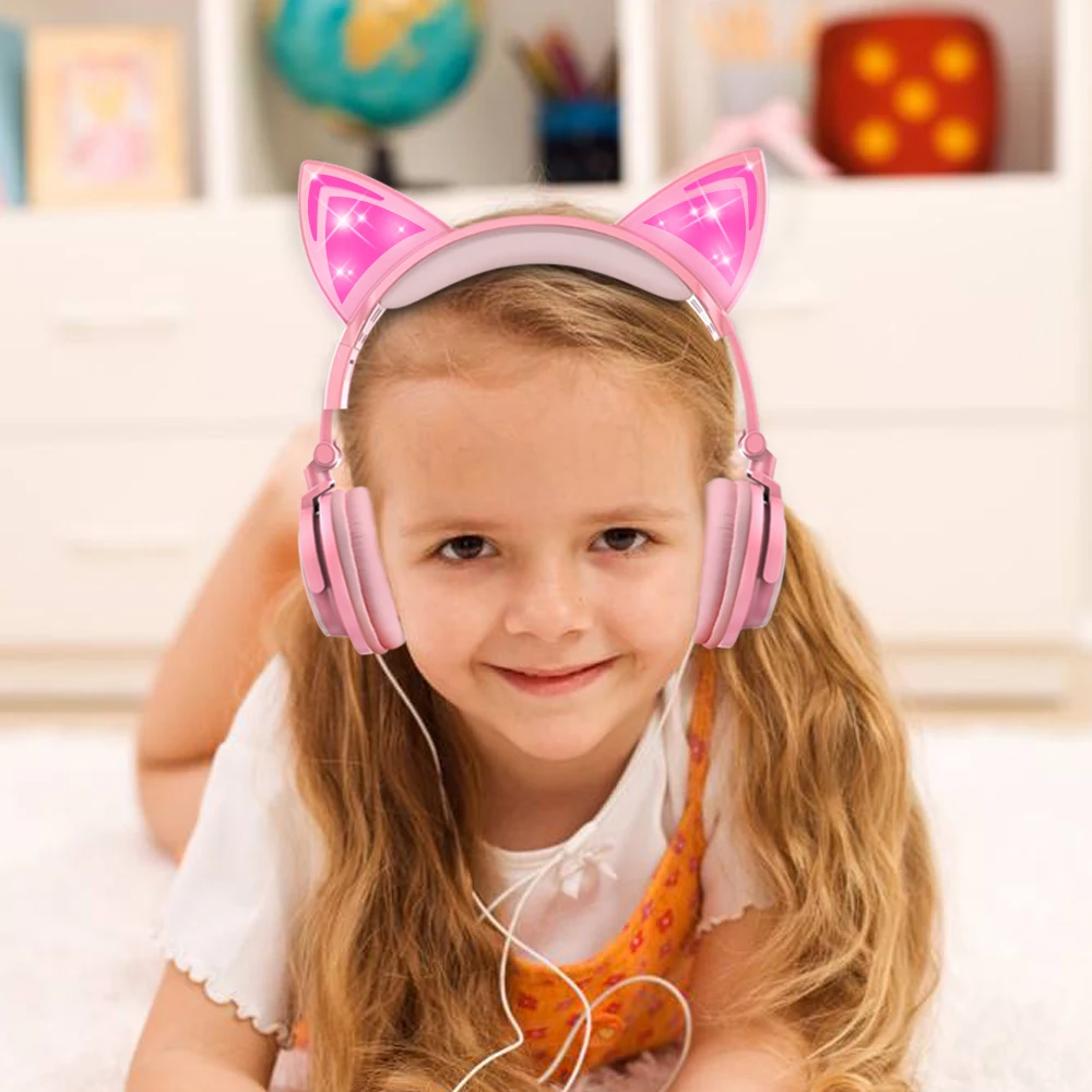 Wired Adjustable Headphone Girl Cat Ear LED Bluetooth Headset Kids Headphone Flashing 3 Glowing Stereo With original Box
