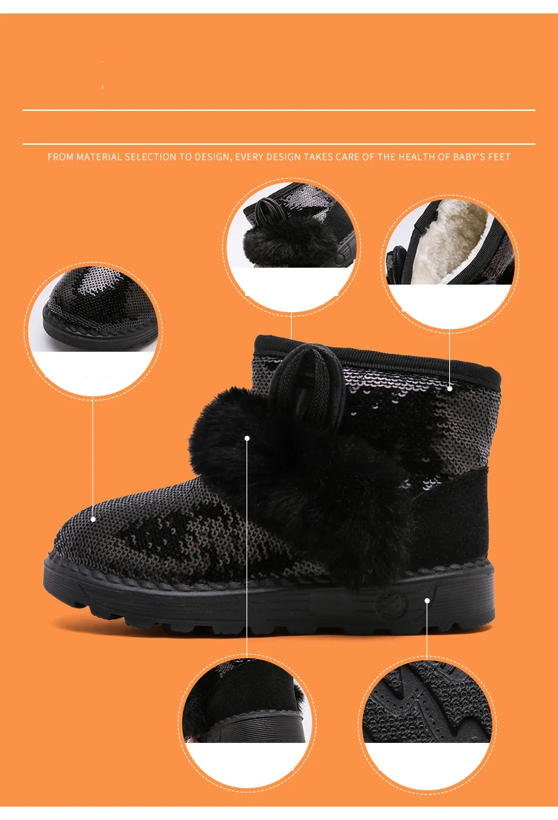 Winter Kids Snow Boots Baby Girls Glitter Ankle Boots Children Warm Shoes Bow Black Brand Boots Fashion Soft Boots Casual Boots