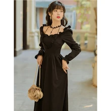 

Autumn Women dress Hepburn Style High waist Vintage Black dress Long Ruffles long sleeve Princess dresses Female bing 2020 HOT