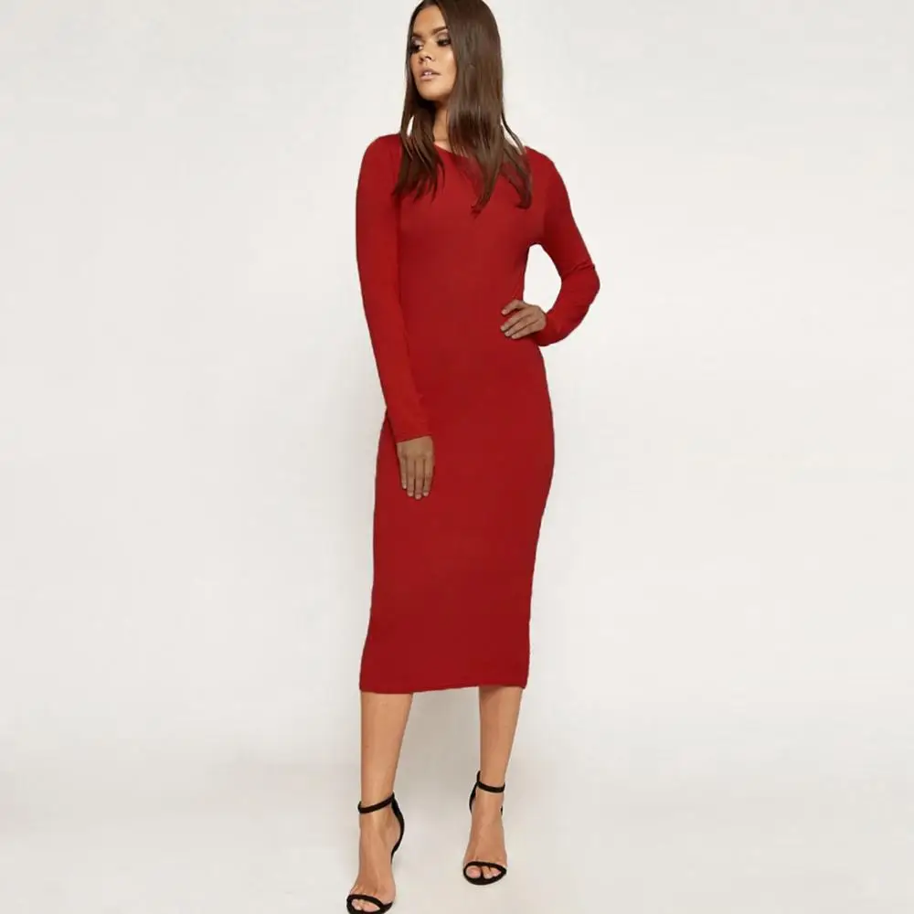 

Robe Red Dress 2019 Autumn Winter Warm Long Sleeve Sexy Slim Women Midi Dress Elegant Bodycon Basic office Ladies Dress Vestidos