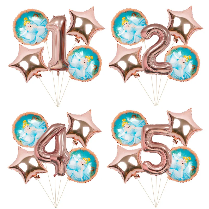 6pcs 18inch rose gold Princess foil balloons Birthday Party decorations kids Snow White Anna baby gift 40inch number air globos - Цвет: Cinderella rose gold