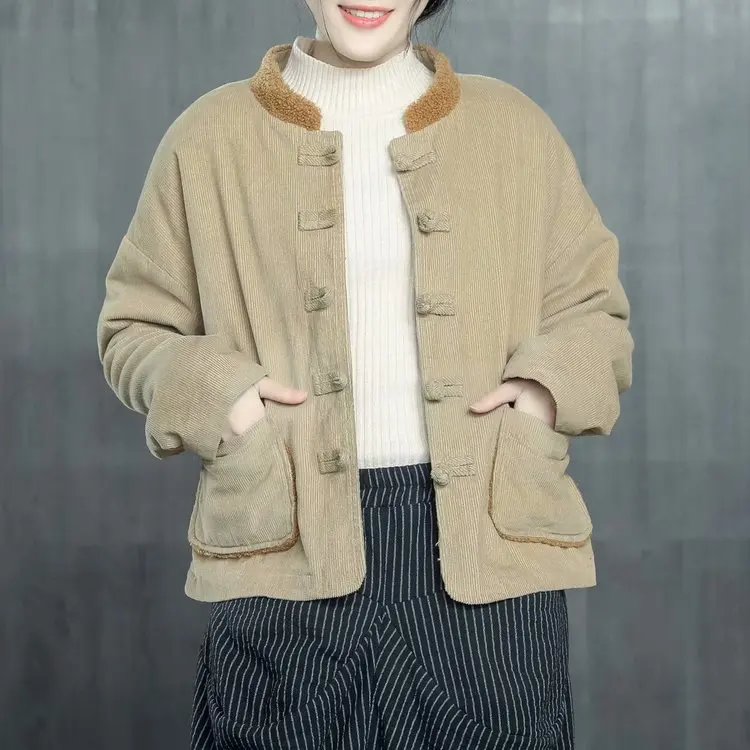

Corduroy Coat Women's Autumn And Winter New Style Origional Retro Frog Tops Lambs Wool Stand Collar Loose-Fit Cotton-padded Clot