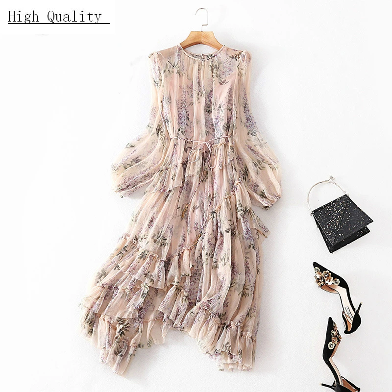 

100% Natural Silk Dress Women Long Sleeve Spring Dress Floral Print Elegant Ladies Dresses Party Beach Vestidos LWL1812