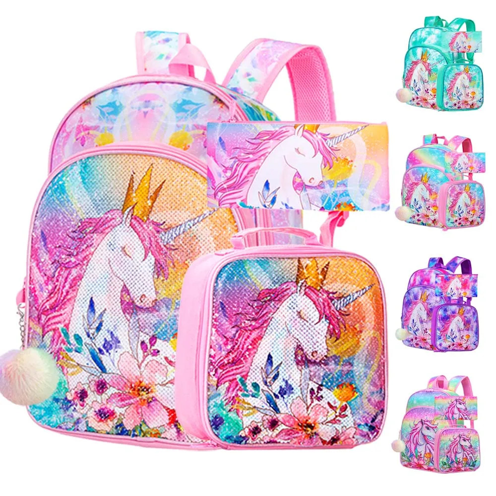 Mochila de 3 piezas con diseño de unicornio para niñas, fiambrera lentejuelas para niños de 16 ", preescolar, primaria|Mochilas escolares| -