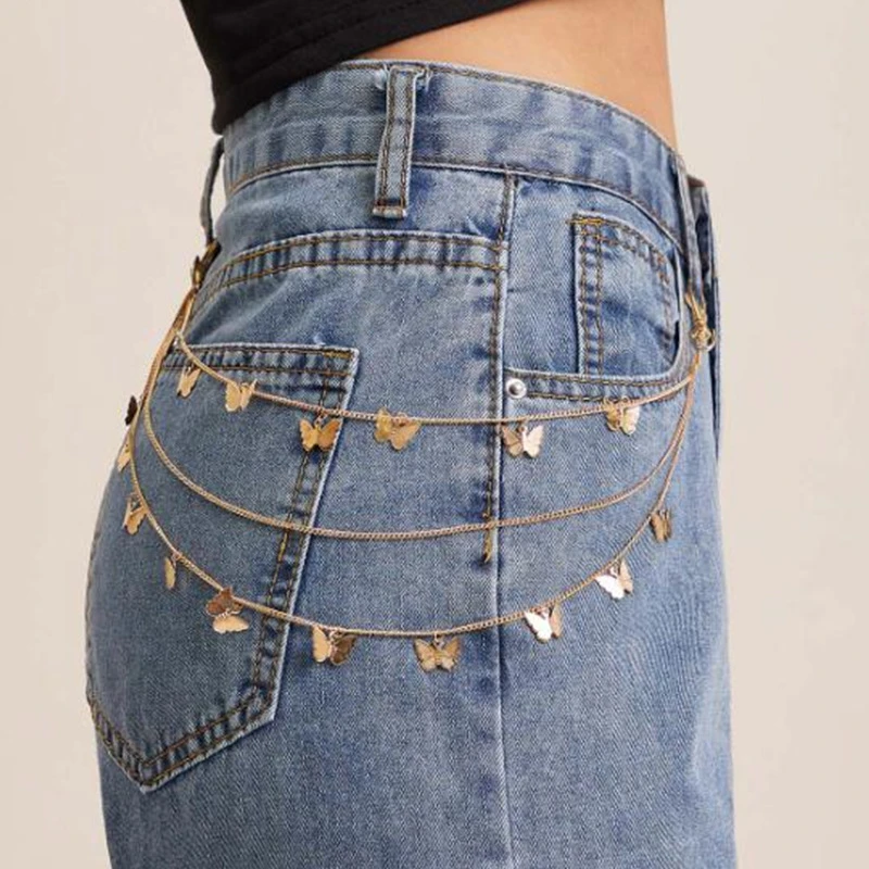 Cinturón de cadena de con mariposa Punk para mujer, pantalones con borlas de Hip Hop, cadena de oro y plata, Cadenas Metal para pantalones de mujer| - AliExpress
