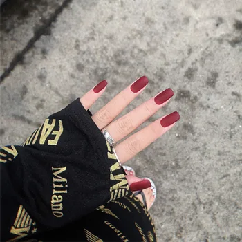 

24Pcs Mid-length Square Head artificial nails press on Wine Red Color Nails tips Women Full Cover Finger Fake Nail with glue