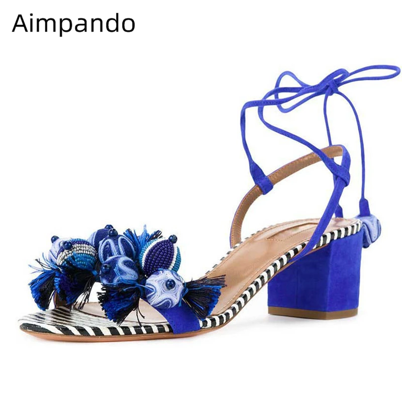 

Ankle Wrap Gladiator Sandals Women Square Heel Fringe Tassel Ball Striped Suede Summer 2020 Shoes Woman Zapatos De Mujer
