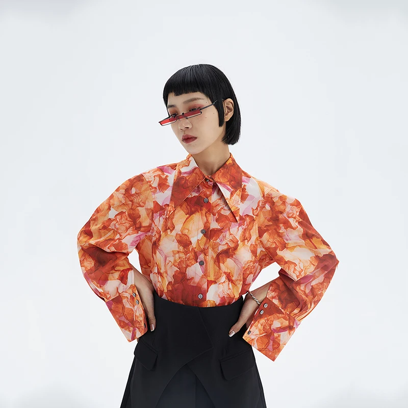 [EAM] Women Orange Pattern Printed Temperament