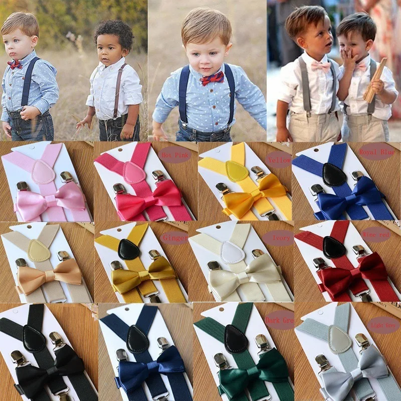 

Baby High Elastic Bow Ties Set Child Wedding Matching Braces Suspenders Solid Color Bowknot Kids Gentle Bow Ties with Metal Clip