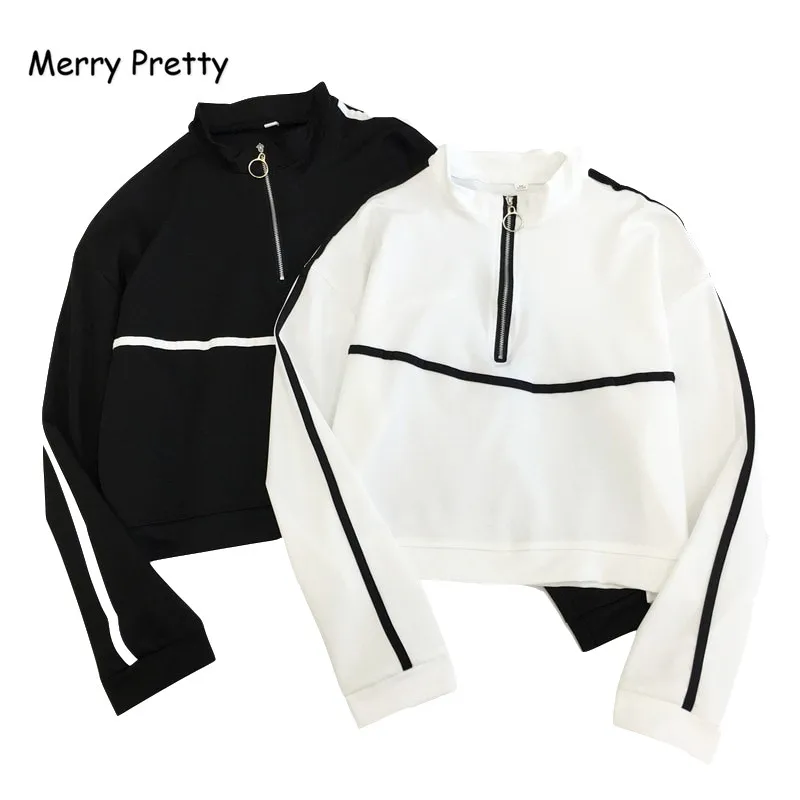 

Merry Pretty women Crop hoodies sweatshirts Women Ulzzang BF Zipper Up Cotton Sweatshirt Short Cropped White Black Pullovers XL