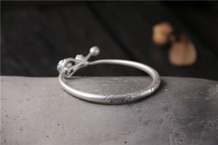 Серебристый S999 резной серебряный браслет с рыбой