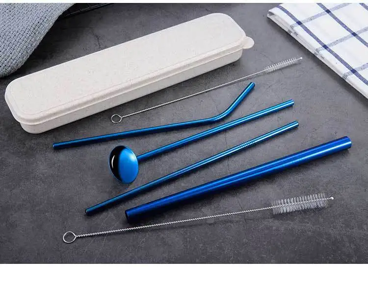 3 шт нержавеющей стали металла соломинки набор с коробкой для переноски+ 2 шт щеточка для очистки, многоразовая изогнутая прямая соломинка бар аксессуары