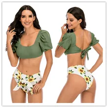 Sexy Bikini 2021 Solid Color Swimwear Women Bandeau Swimsuit Short Sleeve Summer High Waist Cut Backless Bathing Suit Beachwear