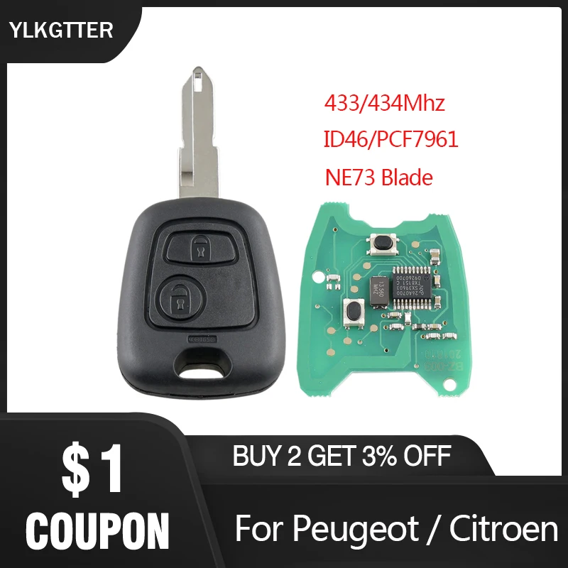 YLKGTTER 2 кнопки дистанционного брелока контроллер для peugeot 206 433/434 МГц ID46/PCF7961 транспондер чип и Uncut DIY NE73 лезвие